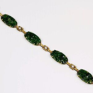 Vintage Art Deco 14K Gold Carved Jade & Diamond Bracelet Great Design EBSR05